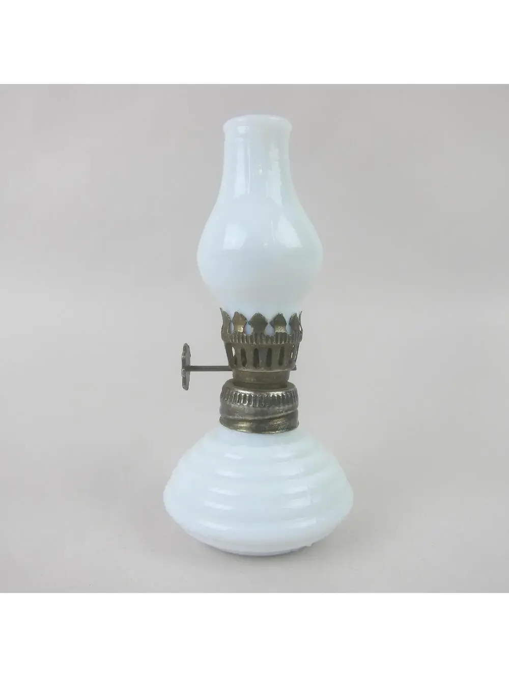 Antique Miniature Oil Lamp White Milk Glass Chimney & Beehive Base 4.5